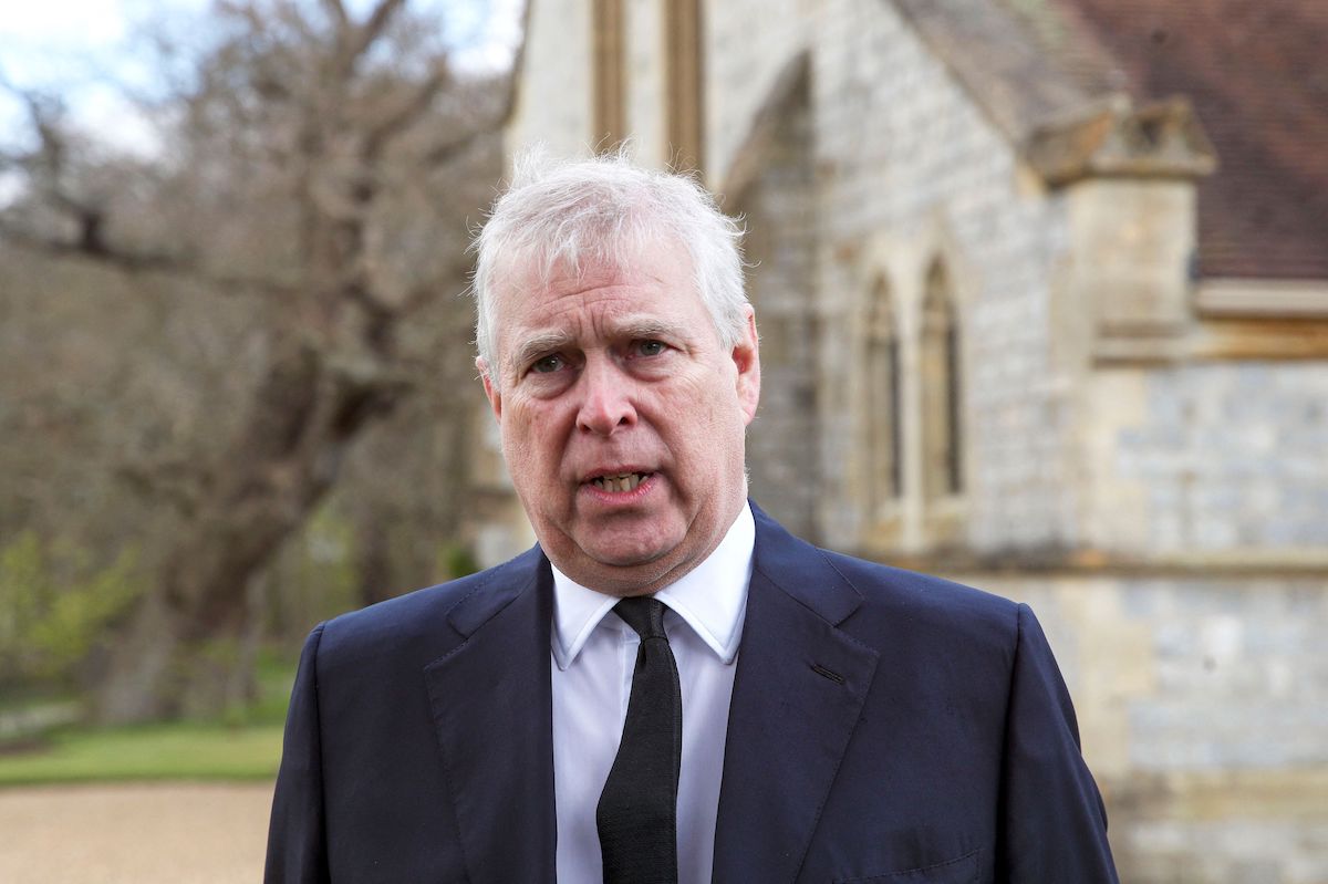 Britain's Prince Andrew, Duke of York, speaks during a television interview outside the Royal Chapel of All Saints in Windsor on April 11, 2021, two days after the death of his father Britain's Prince Philip, Duke of Edinburgh