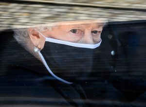 Queen Elizabeth II during the funeral of Prince Philip, Duke of Edinburgh at Windsor Castle on April 17, 2021 in Windsor, England.