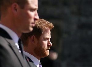 The Duke of Cambridge and Prince Harry walking in the procession at Windsor Castle, Berkshire, during the funeral of the Duke of Edinburgh on April 17, 2021. P