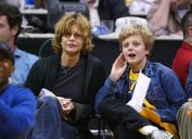 Meg Ryan and Jack Quaid at a Los Angeles Lakers game in 2004