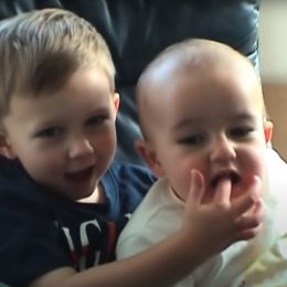 Harry Davies-Carr and Charlie Davies-Carr as children in the Charlie Bit My Finger viral video.