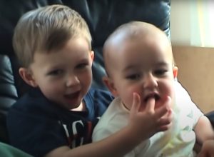 Harry Davies-Carr and Charlie Davies-Carr as children in the Charlie Bit My Finger viral video.