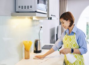 spaying cleaning deterent on surface of kitchen counter and wiping it with soft cloth