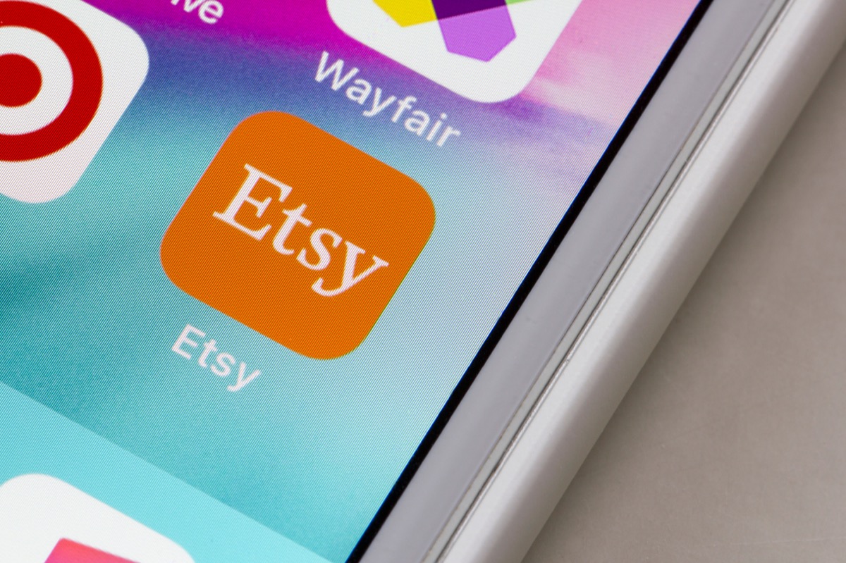 Portland, OR, USA - May 6, 2020: Etsy mobile app icon is seen on an iPhone. Etsy is an American e-commerce website focused on handmade or vintage items and craft supplies.
