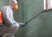 exterminator spraying pesticide inside home