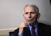 fauci holds his glasses to his face during a covid briefing