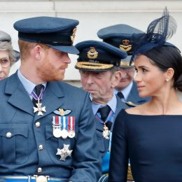 Prince Harry, Duke of Sussex and Meghan, Duchess of Sussex attend a ceremony to mark the centenary of the Royal Air Force on the forecourt of Buckingham Palace on July 10, 2018 in London, England