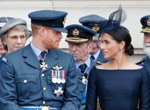 Prince Harry, Duke of Sussex and Meghan, Duchess of Sussex attend a ceremony to mark the centenary of the Royal Air Force on the forecourt of Buckingham Palace on July 10, 2018 in London, England