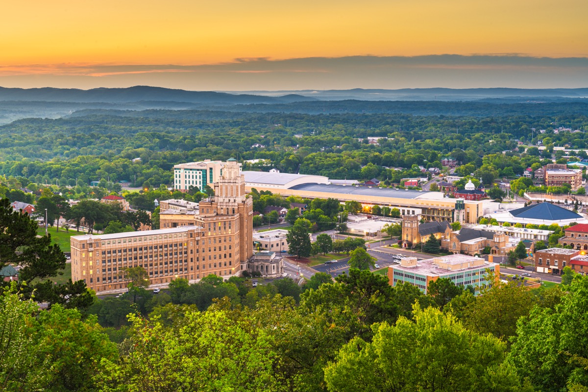 Hot Springs, Arkansas, USA town skyline from above at dawn.