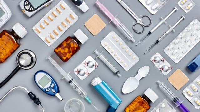 various medicine spread out on table