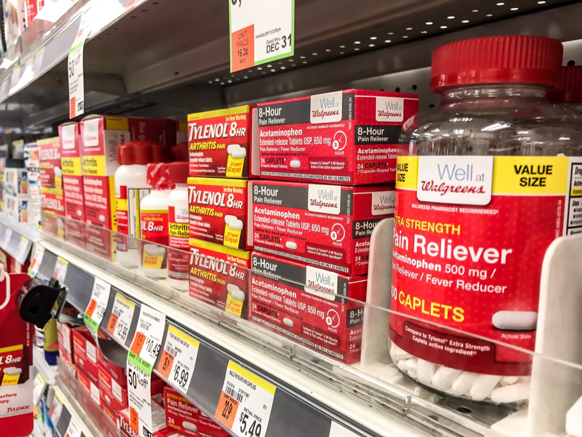 New York, December 15, 2016: Drug store shelf is seen filled with tylenol and other pain relievers.