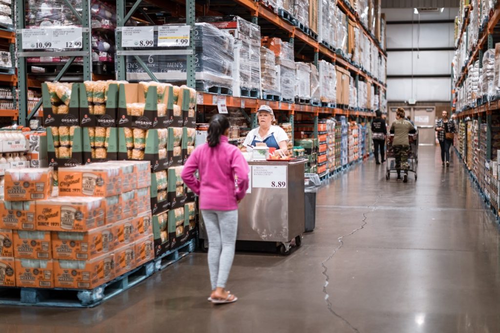 Tigard, Oregon - Oct 25, 2019 : Costco wholesale warehouse shopping aisle with food testing