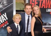 Ethan Hawke with children Levon and Maya at the 2013 premiere of "Getaway"