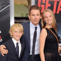 Ethan Hawke with children Levon and Maya at the 2013 premiere of "Getaway"