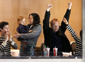 Paul Bettany, Jennifer Connelly, and their kids at a hockey game in Winnipeg, Manitoba, Canada in 2013