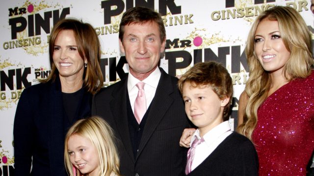 Wayne Gretzky, Janet Jones, and three of their children at the launch party for Mr. Pink Ginseng Drink in 2012