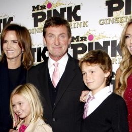 Wayne Gretzky, Janet Jones, and three of their children at the launch party for Mr. Pink Ginseng Drink in 2012