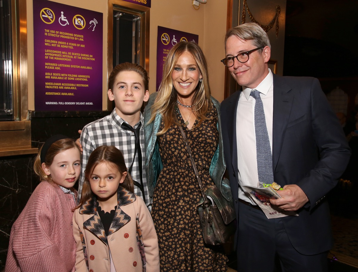 Tabitha Broderick, Marion Loretta Broderick, James Wilkie Broderick, Sarah Jessica Parker and Matthew Broderick attending the Broadway Opening Performance After Party for 'Charlie and the Chocolate Factory' at the Pier 60 on April 23, 2017 in New York City.