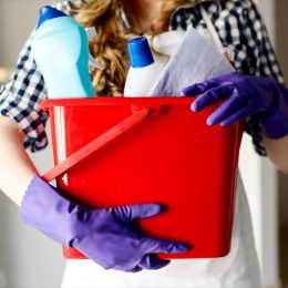 A close up of a person holding a bucket filled with cleaning supplies