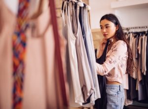 woman browsing and looking to buy summer clothes in a women's boutique