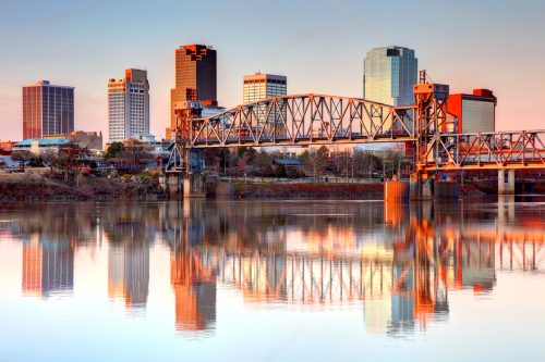 The skyline of Little Rock, Arkansas at dawn