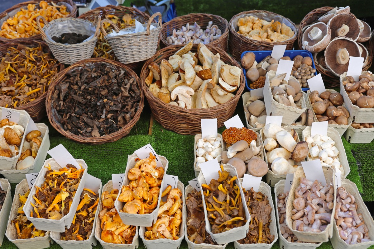 mushrooms in baskets at farmer's market