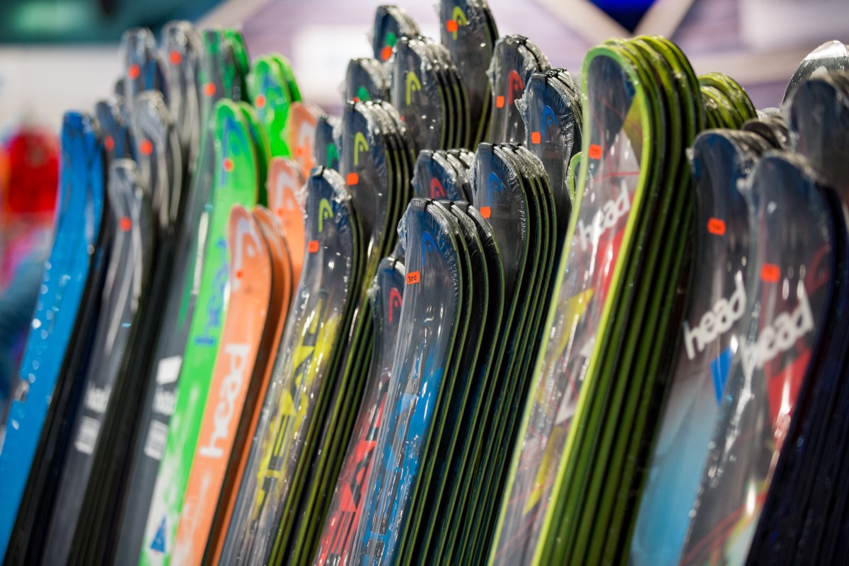 plastic-wrapped skis in store