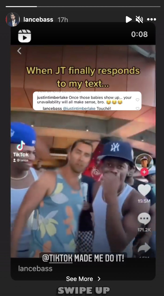 Lance Bass TikTok video on his Instagram Story with Justin Timberlake's comment
