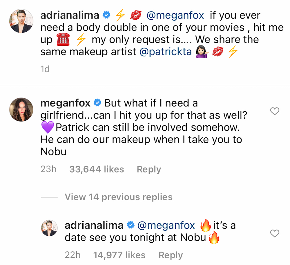 Megan Fox and Adriana Lima Instagram exchange
