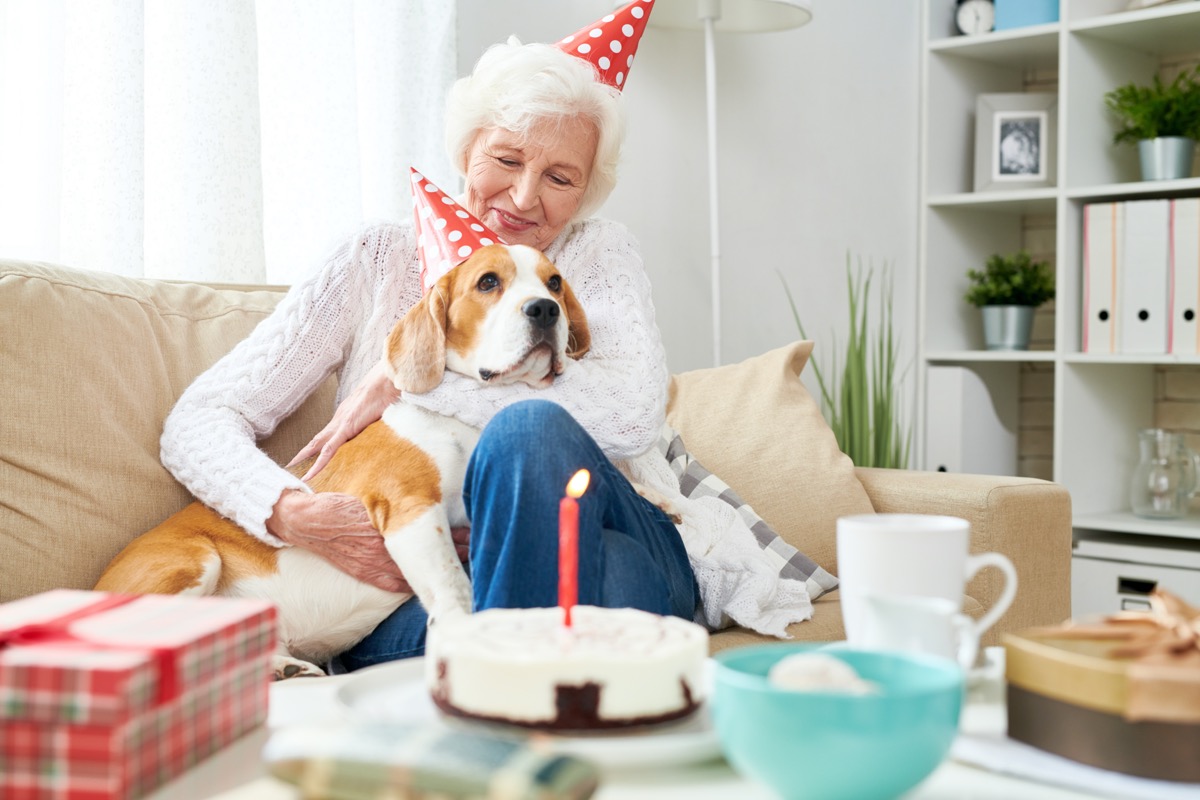 Senior woman and dog celebrating birthday