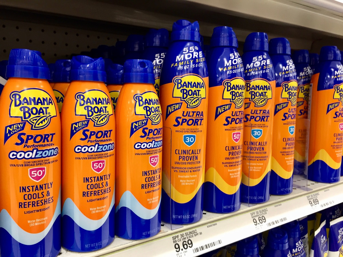 Huntington Beach, CA / USA - July 6m, 2019: Banana Boat Sunscreen Spray on a store shelf