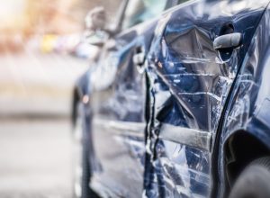 Damage on side door after car crash
