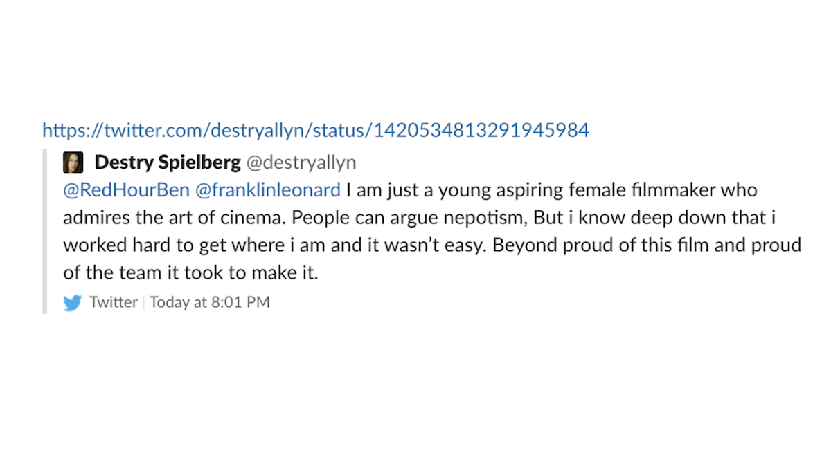 Destry Spielberg tweet about nepotism