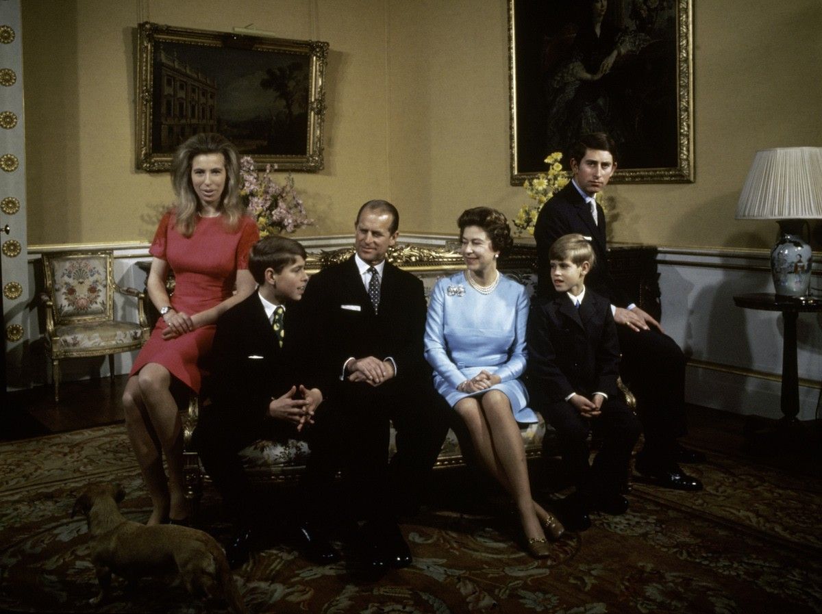 The royal family at Buckingham Palace, London, 1972. Left to right: Princess Anne, Prince Andrew, Prince Philip, Queen Elizabeth, Prince Edward and Prince Charles.