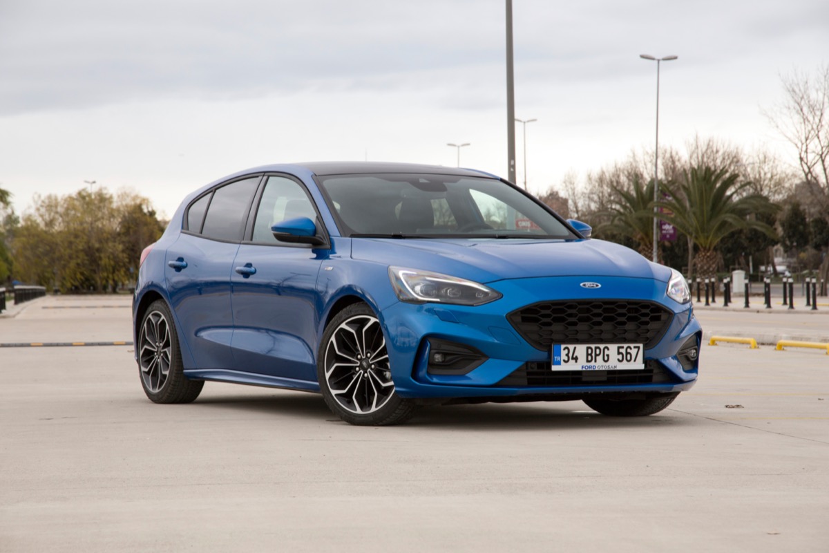 a Blue Ford Focus outside