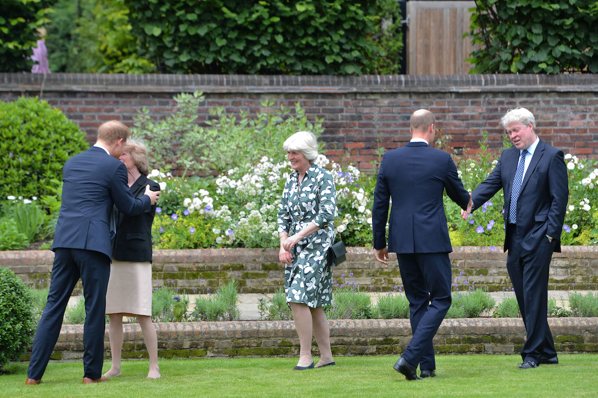 Britain's Prince Harry, Duke of Sussex, Lady Sarah McCorquodale, Lady Jane Fellowes, Britain's Prince William, Duke of Cambridge and Earl Spencer attend the unveiling of a statue of their mother, Princess Diana at The Sunken Garden in Kensington Palace, London on July 1, 2021.