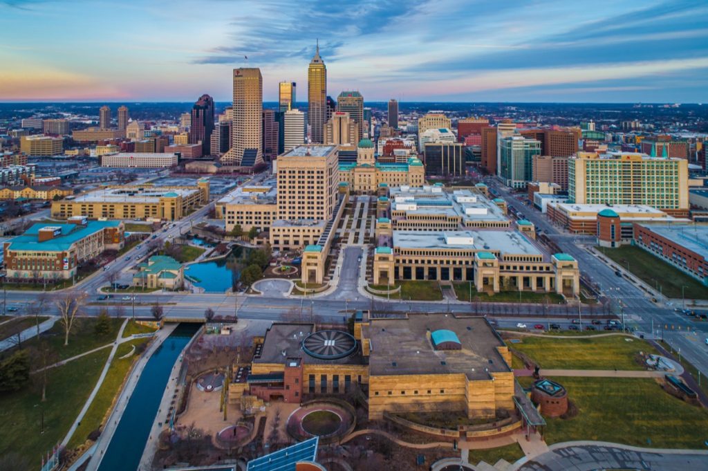 Aerial View of Downtown Indianapolis Indiana State Capitol at Sunset