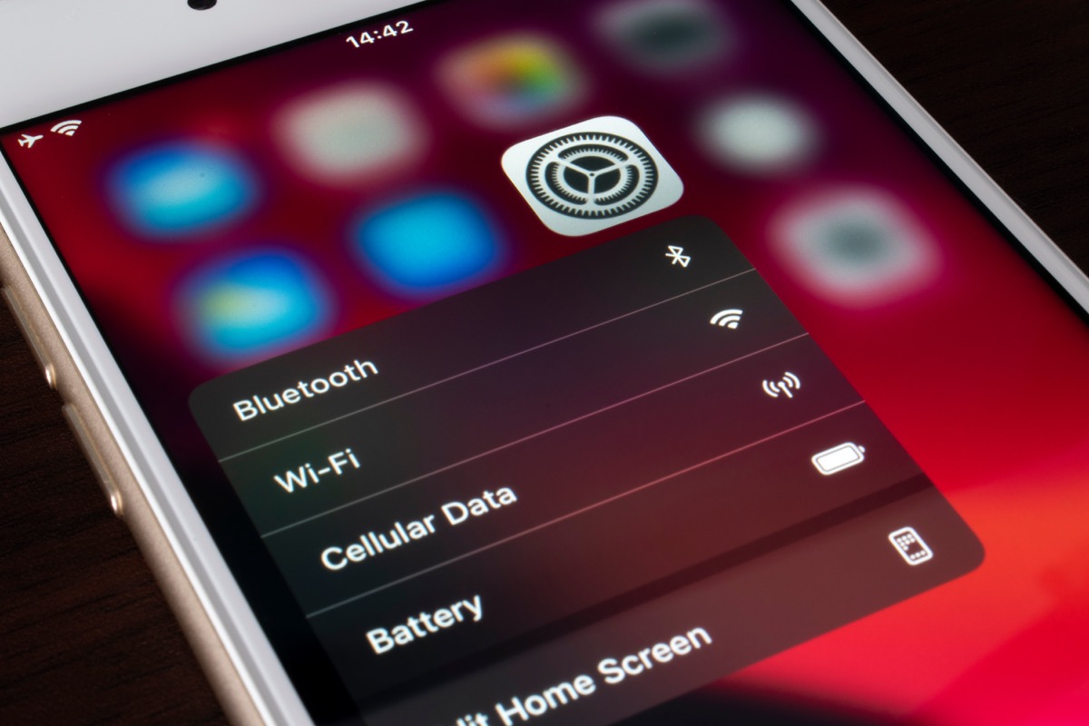 BUENOS AIRES, ARGENTINA - DECEMBER 26, 2019: iPhone's settings icon displays bluetooth and wifi options to access easily