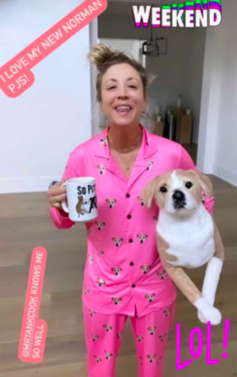 Kaley Cuoco and stuffed replica of her dog Norman