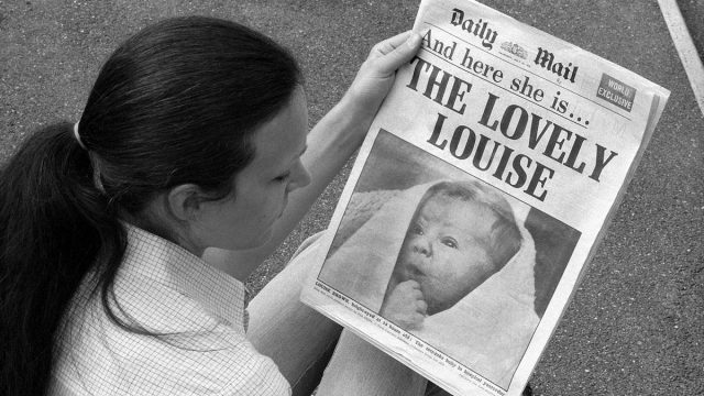 Daily Mail" front page with birth of first IVF baby Louise Brown in 1978