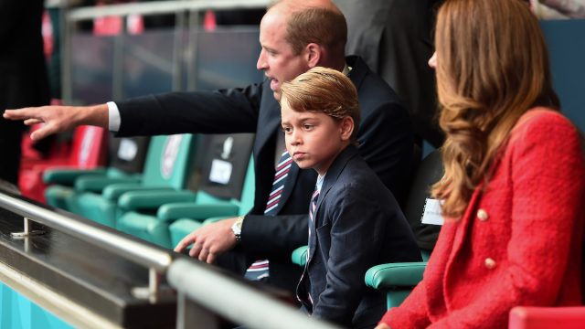 Prince William, President of the Football Association along with Catherine, Duchess of Cambridge with Prince George during the UEFA Euro 2020 Championship Round of 16 match between England and Germany at Wembley Stadium on June 29, 2021 in London, England.