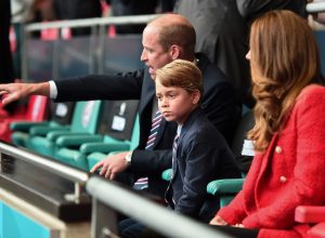 Prince William, President of the Football Association along with Catherine, Duchess of Cambridge with Prince George during the UEFA Euro 2020 Championship Round of 16 match between England and Germany at Wembley Stadium on June 29, 2021 in London, England.