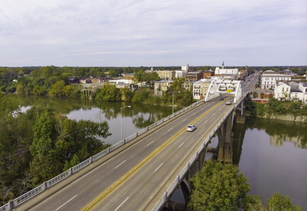 A drone view of the Edmund Pettus Bridge, in Selma, Alabama, which was the scene of violent clashes between civil rights marchers and local officials in 1965.
