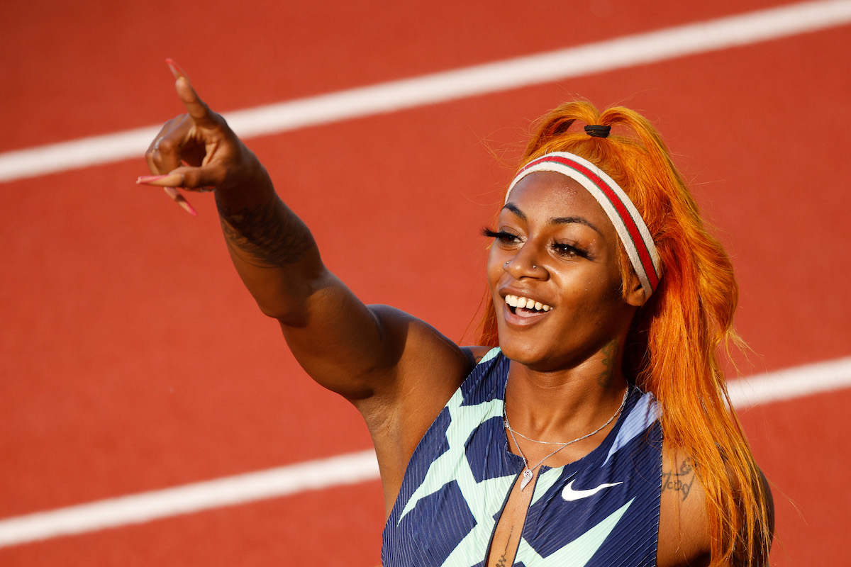 Sha'Carri Richardson reacts after competing in the Women's 100 Meter Semi-finals on day 2 of the 2020 U.S. Olympic Track & Field Team Trials at Hayward Field on June 19, 2021 in Eugene, Oregon.