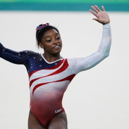 Simone Biles performing floor exercise at the 2016 Rio Olympics