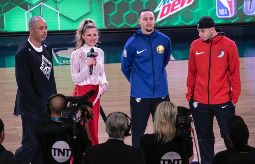 Dell Curry, Allie LaForce, Steph Curry, and Seth Curry at 2019 NBA All-Star Saturday Night