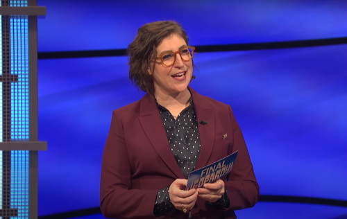 Mayim Bialik hosting "Jeopardy!" in June 2021