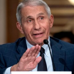 dr anthony fauci raising hand while speaking into a microphone