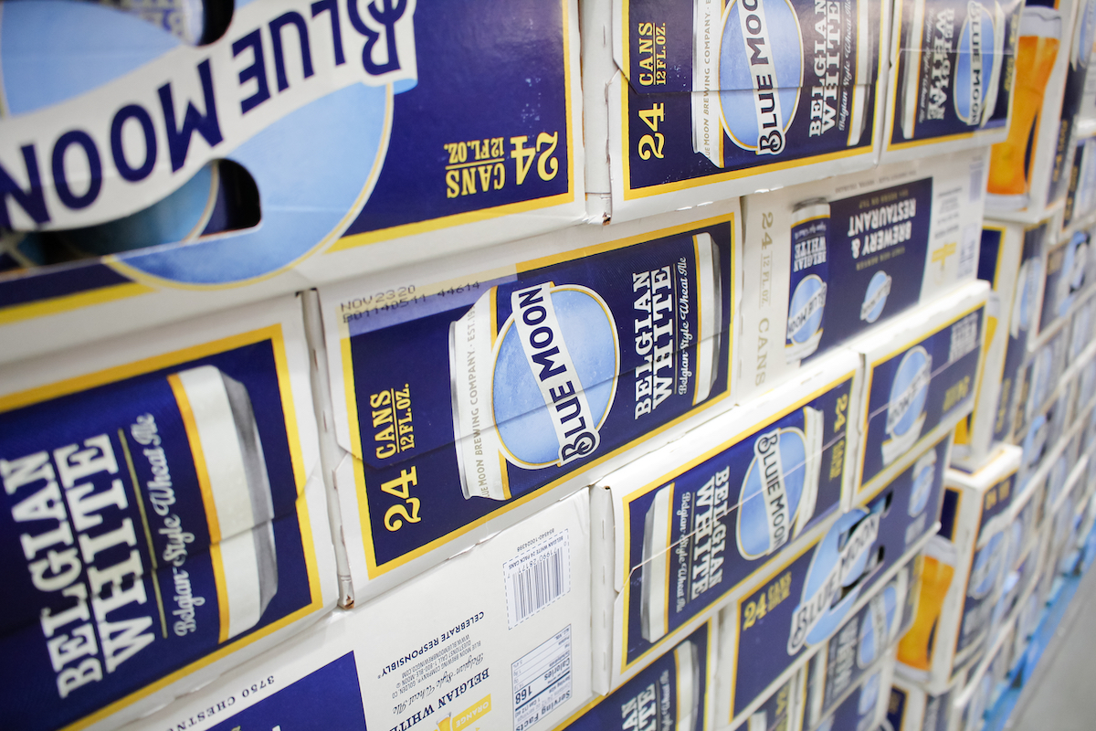A view of several cases of Blue Moon beer, on display at a local big box grocery store.