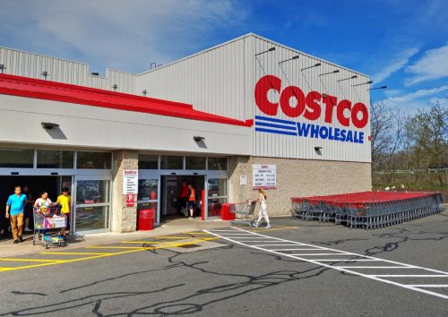 Costco retail wholesaler, people shopping entrance and exit, Danvers Massachusetts USA, May 5, 2018
